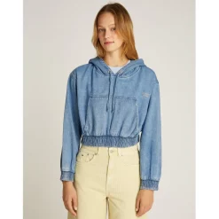 Tommy Jeans Cropped Hooded Denim Sweatshirt in Blue