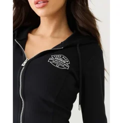 True Religion Cropped Hooded Slim Fit Sweatshirt in Black