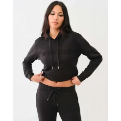True Religion Cropped Hooded Regular Fit Sweatshirt in Black
