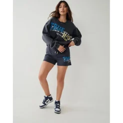 True Religion Staggered Lettering Hooded Sweatshirt in Blue