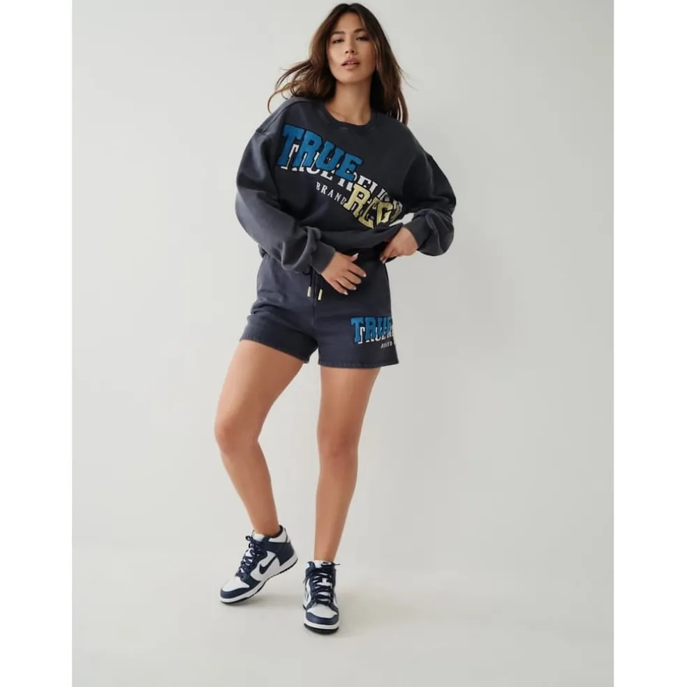 True Religion Staggered Lettering Hooded Sweatshirt in Blue