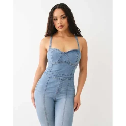 True Religion Sweetheart Neck Sleeveless Denim Jumpsuit in Blue