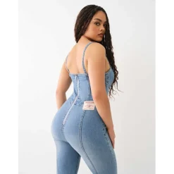 True Religion Sweetheart Neck Sleeveless Denim Jumpsuit in Blue