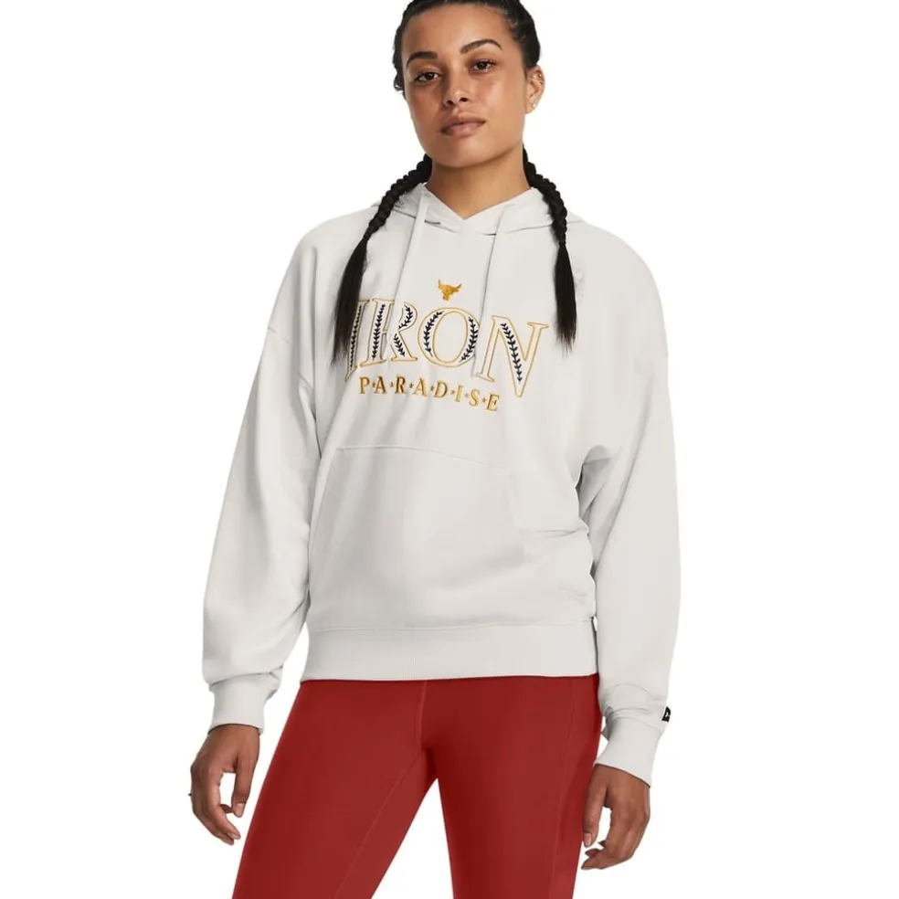 Under Armour Project Rock Hooded Long Sleeve Sweatshirt in White