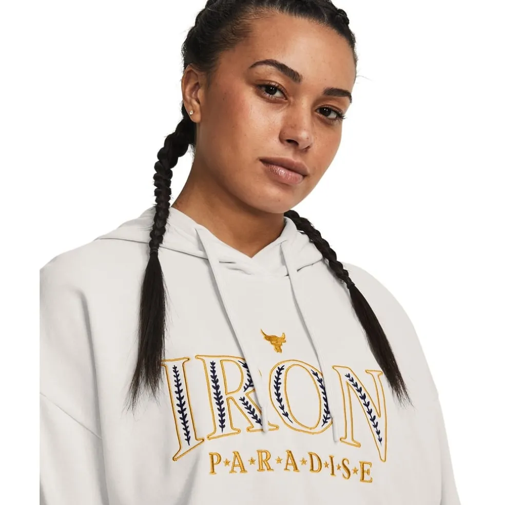 Under Armour Project Rock Hooded Long Sleeve Sweatshirt in White