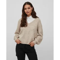 Vila Jamina V Neck Long Sleeve Relaxed Fit Sweater in Beige