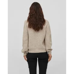 Vila Jamina V Neck Long Sleeve Relaxed Fit Sweater in Beige