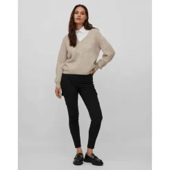 Vila Jamina V Neck Long Sleeve Relaxed Fit Sweater in Beige