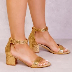 Wheres That From Strappy Mid High Block Heels in Gold