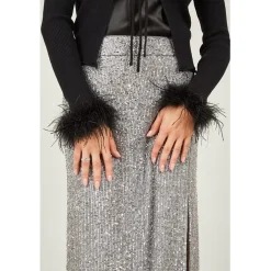 Yumi Ribbed Bolero With Feather Cuffs in Black