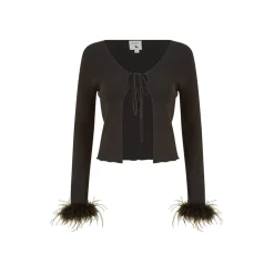 Yumi Ribbed Bolero With Feather Cuffs in Black